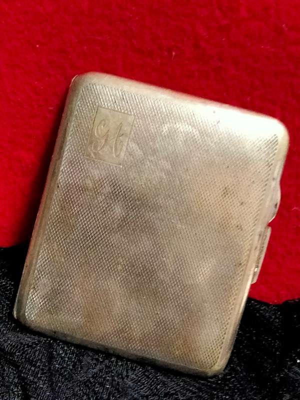 Vintage  Cigarette case - Monogram GA hinged Lid engine turned decor Silver tone metal