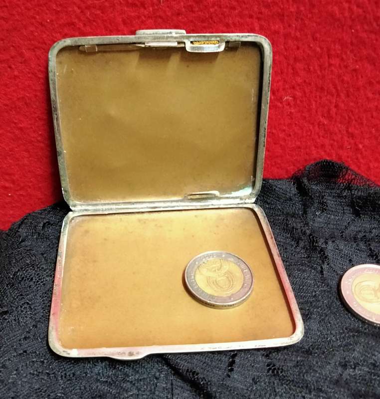 Vintage  Cigarette case - Monogram GA hinged Lid engine turned decor Silver tone metal
