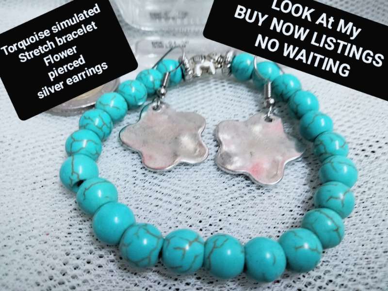 BANGLE Torquoise stretch elastic+Earrings Silver Tone Look at my Buy Now listings No Waiting