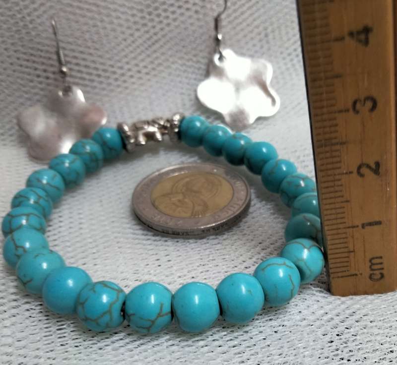 BANGLE Torquoise stretch elastic+Earrings Silver Tone Look at my Buy Now listings No Waiting
