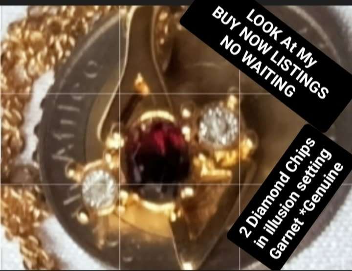 Post-Ordered Circa 1965to1975 Golden Pendant with Garnet at Center + Juxtaposing Diamond Chips LOOK