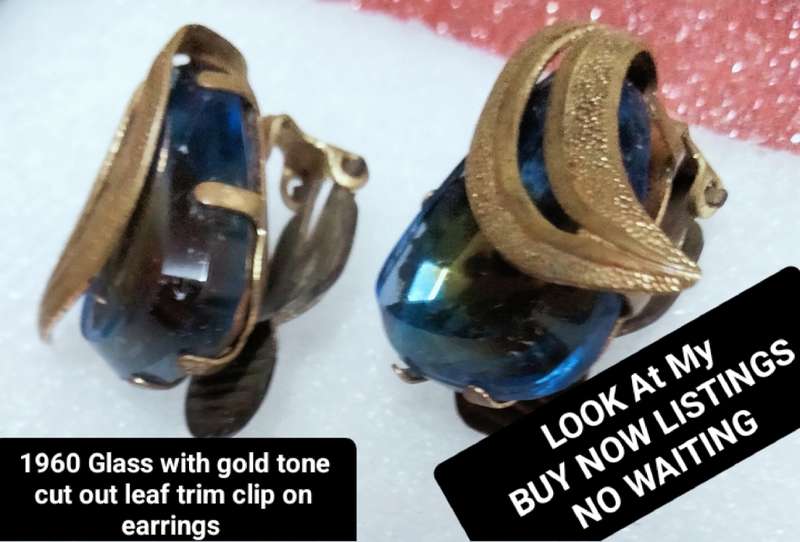 c1960 CLIP ON Earrings -Glass  Cut out leaf trim Gold tone LOOK at My BUY NOW NO WAITING