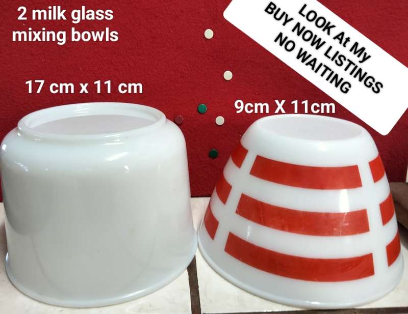 2 Milk Glass Bowls Red stripe OPALEX+Plain Great KITCHENALIA decor LOOK At My BUY NOW - NO WAITING
