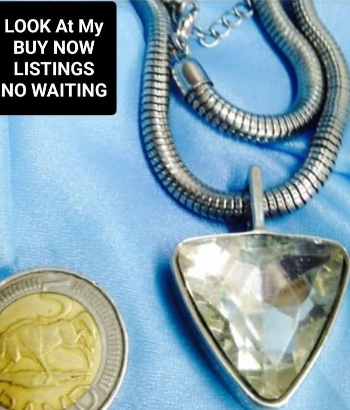 Necklace Large ARROW HEAD Glass yellow tinge stone Chunky Metal Pendant Silver