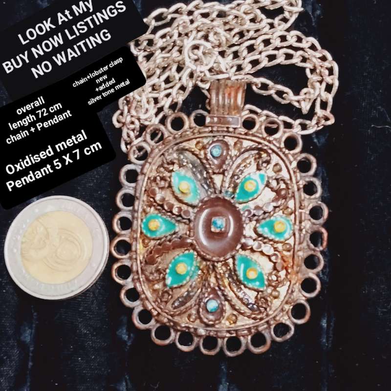 NECKLACE- Oxidised style PENDANT large square cloisonné flowers +New chain lobster clasp SILVER tone