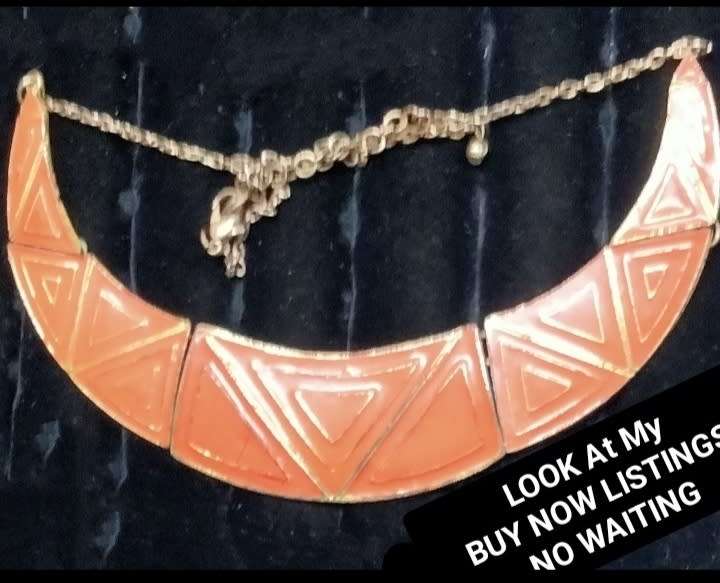 NECKLACE - TRIANGLE SHAPE Orange Trim gold+Gold tone Metal LOOK At My BUY NOW LISTINGS NO WAITING