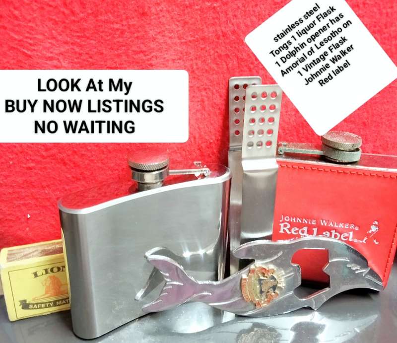Flasks+ Stainless Steel*Tongs*Kidney Flask*Dolphin OPENER Lesotho Amorial VTG Flask Johnnie Walker