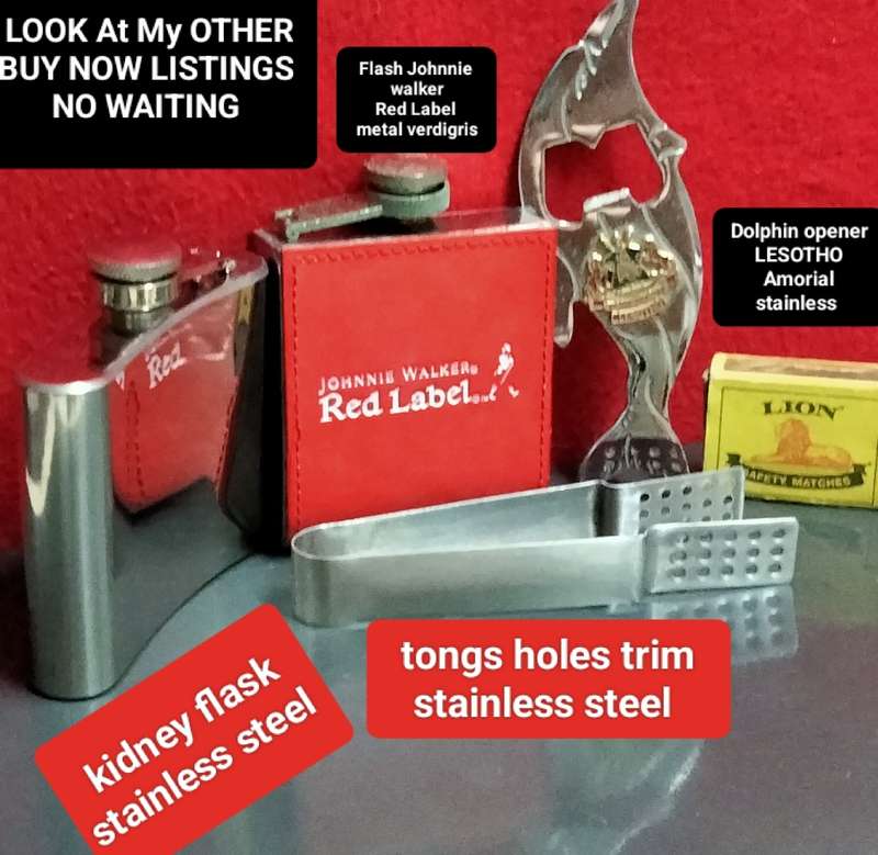 Flasks+ Stainless Steel*Tongs*Kidney Flask*Dolphin OPENER Lesotho Amorial VTG Flask Johnnie Walker
