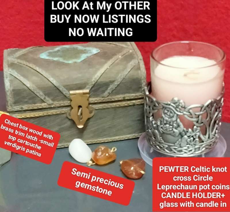 6*ITEMS*Celtic knot PEWTER Candle holder Candle in GLASS Small Treasure chest+3 Semi Precious stones