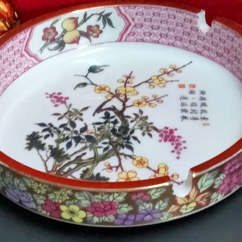 Oriental Ashtray Script Signed Floral Gilt + Paper Mache Pill box  Look at my Buy Now No Wa