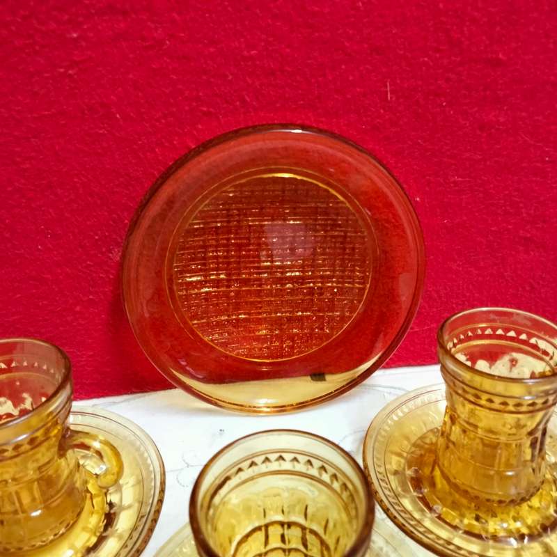 6 Amber glass Cups+saucers small* hook handle Turkish style LOOK At All My BUY NOW ltems NO WAITING