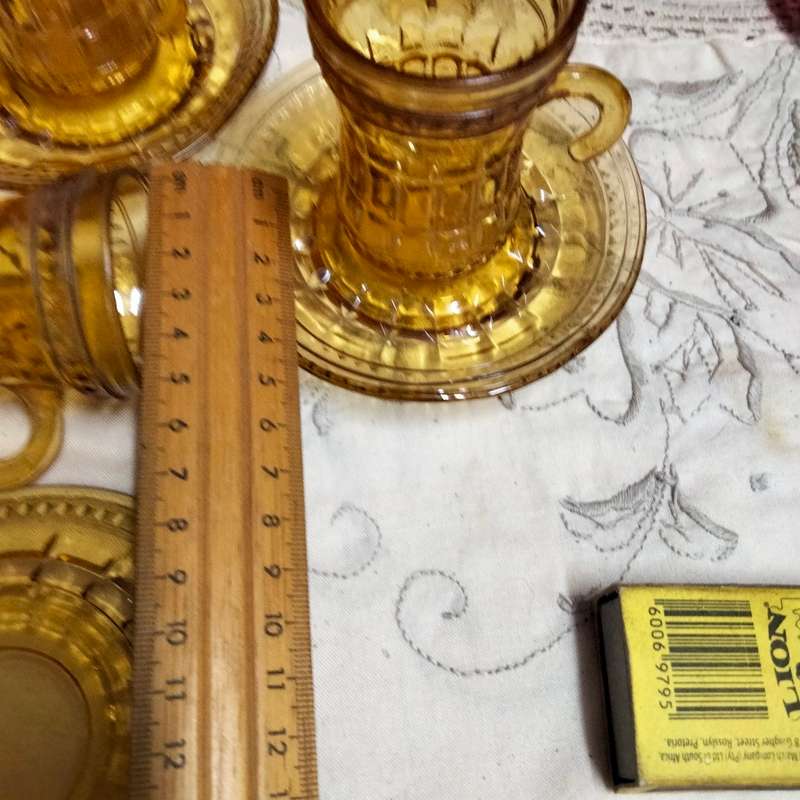 6 Amber glass Cups+saucers small* hook handle Turkish style LOOK At All My BUY NOW ltems NO WAITING