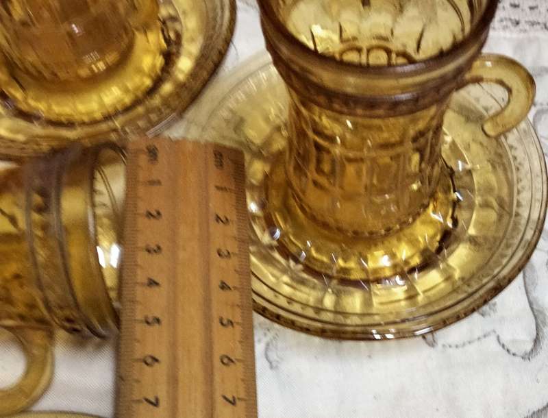 6 Amber glass Cups+saucers small* hook handle Turkish style LOOK At All My BUY NOW ltems NO WAITING