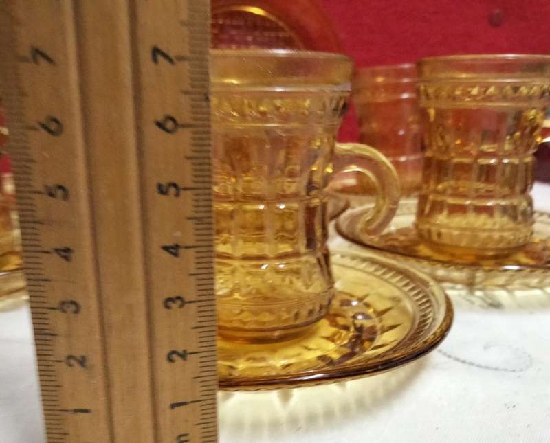 6 Amber glass Cups+saucers small* hook handle Turkish style LOOK At All My BUY NOW ltems NO WAITING