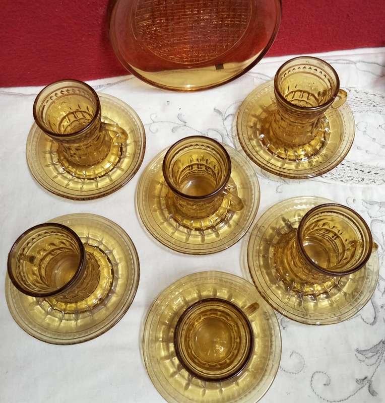 6 Amber glass Cups+saucers small* hook handle Turkish style LOOK At All My BUY NOW ltems NO WAITING