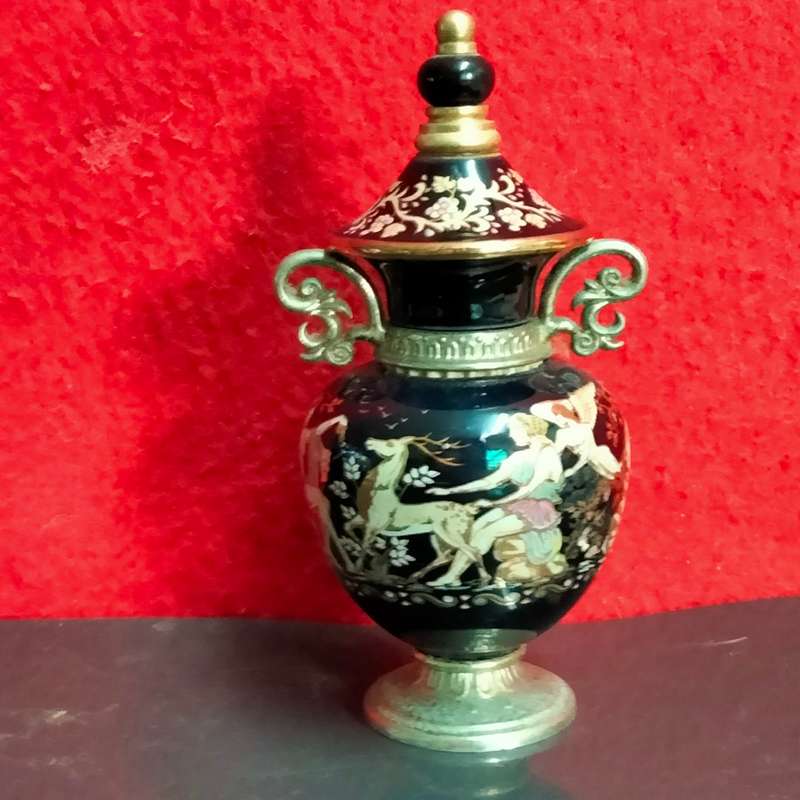 PERFUME Bottle Urn Greek Pottery hand madeDecor Greek Mythology Gods Goddess`s deer flowers 2 scr