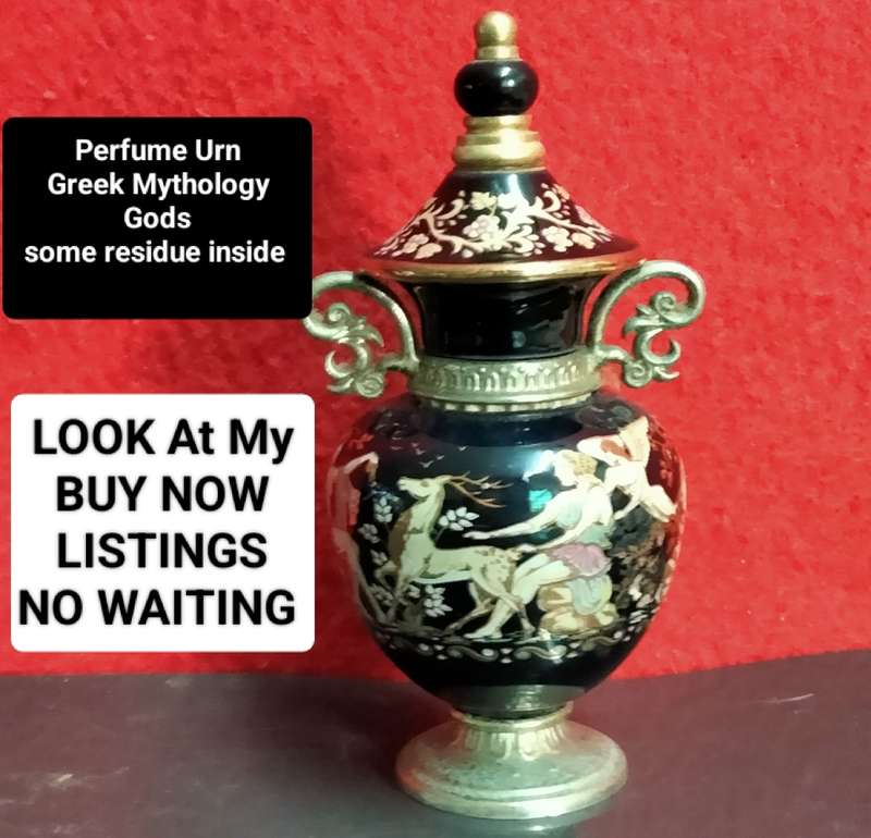 PERFUME Bottle Urn Greek Pottery hand madeDecor Greek Mythology Gods Goddess`s deer flowers 2 scr