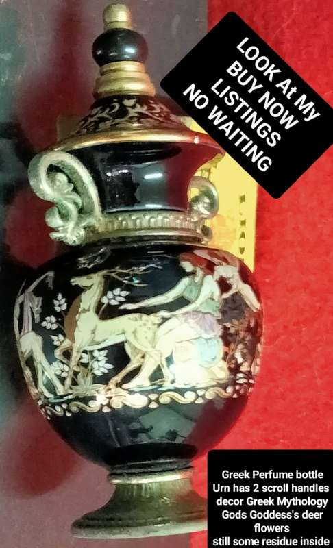 PERFUME Bottle Urn Greek Pottery hand madeDecor Greek Mythology Gods Goddess`s deer flowers 2 scr