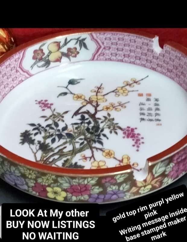 Oriental Ashtray Script Signed Floral Gilt + Paper Mache Pill box  Look at my Buy Now No Wa