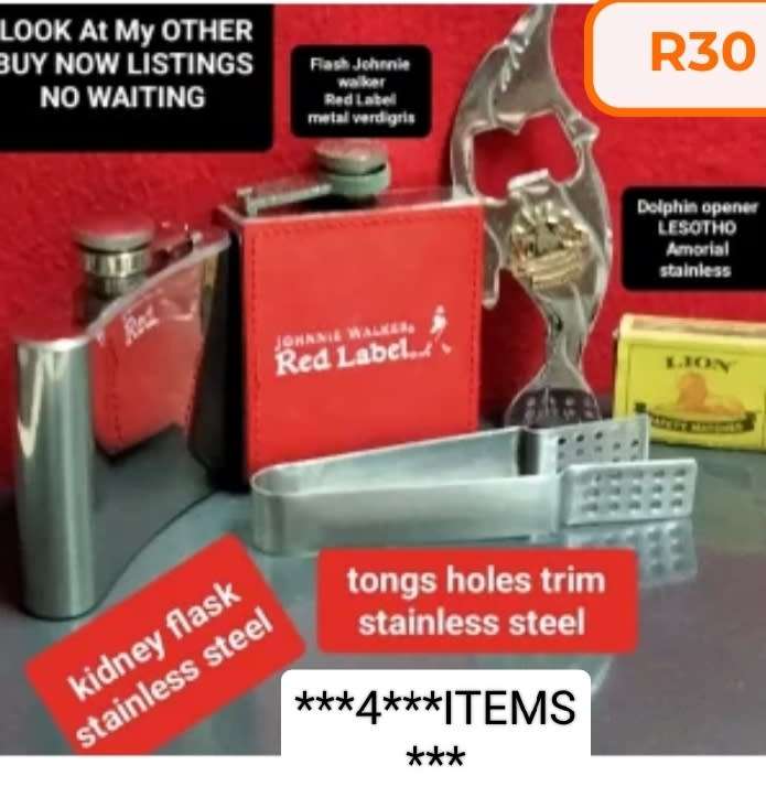 Flasks+ Stainless Steel*Tongs*Kidney Flask*Dolphin OPENER Lesotho Amorial VTG Flask Johnnie Walker
