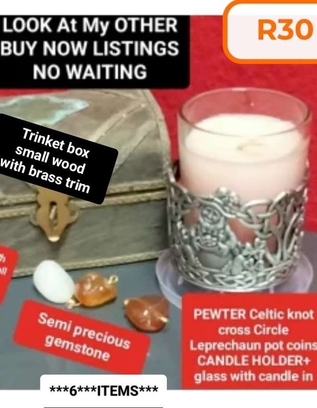 6*ITEMS*Celtic knot PEWTER Candle holder Candle in GLASS Small Treasure chest+3 Semi Precious stones