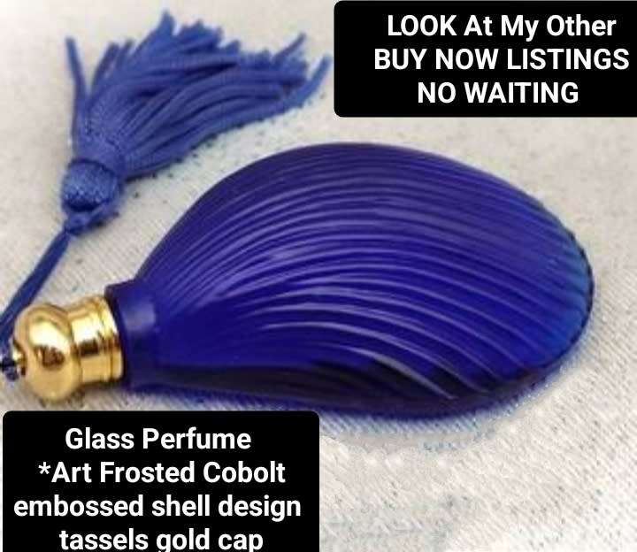 Perfume bottle COBOLT blue Matt satin glass blue gold lid tassels shell embossed Design LOOK