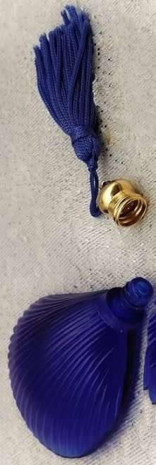 Perfume bottle COBOLT blue Matt satin glass blue gold lid tassels shell embossed Design LOOK