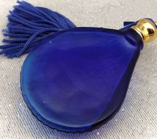 Perfume bottle COBOLT blue Matt satin glass blue gold lid tassels shell embossed Design LOOK