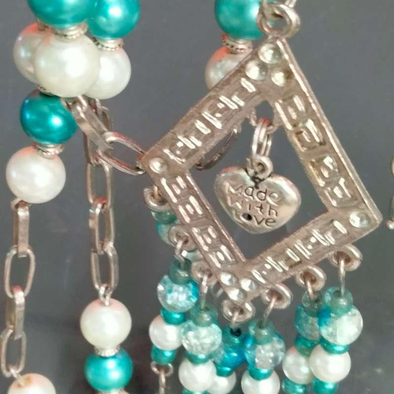 1NECKLACE*Pendant+heart*7Dangles*Glass Beads BlueTurquoise WhiteLOOK At My BUY NOW items NO WAITING