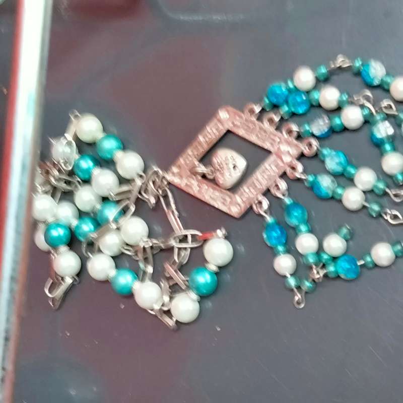 1NECKLACE*Pendant+heart*7Dangles*Glass Beads BlueTurquoise WhiteLOOK At My BUY NOW items NO WAITING