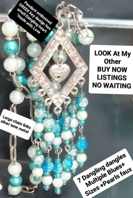 1NECKLACE*Pendant+heart*7Dangles*Glass Beads BlueTurquoise WhiteLOOK At My BUY NOW items NO WAITING