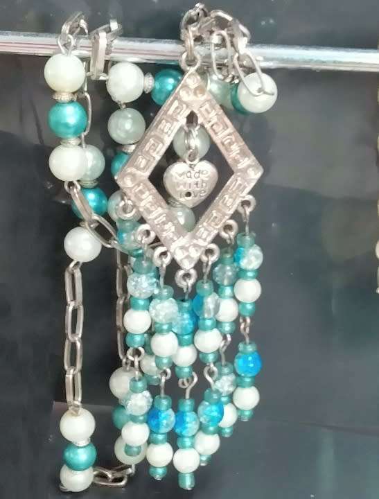 1NECKLACE*Pendant+heart*7Dangles*Glass Beads BlueTurquoise WhiteLOOK At My BUY NOW items NO WAITING