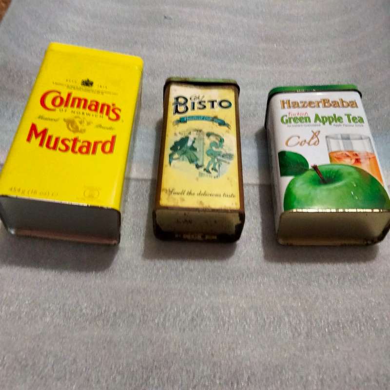 3 TINS -Colemans mustard tin -HazerBaba Turkish green apple Tea - Bisto all one bid