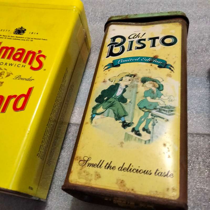 3 TINS -Colemans mustard tin -HazerBaba Turkish green apple Tea - Bisto all one bid