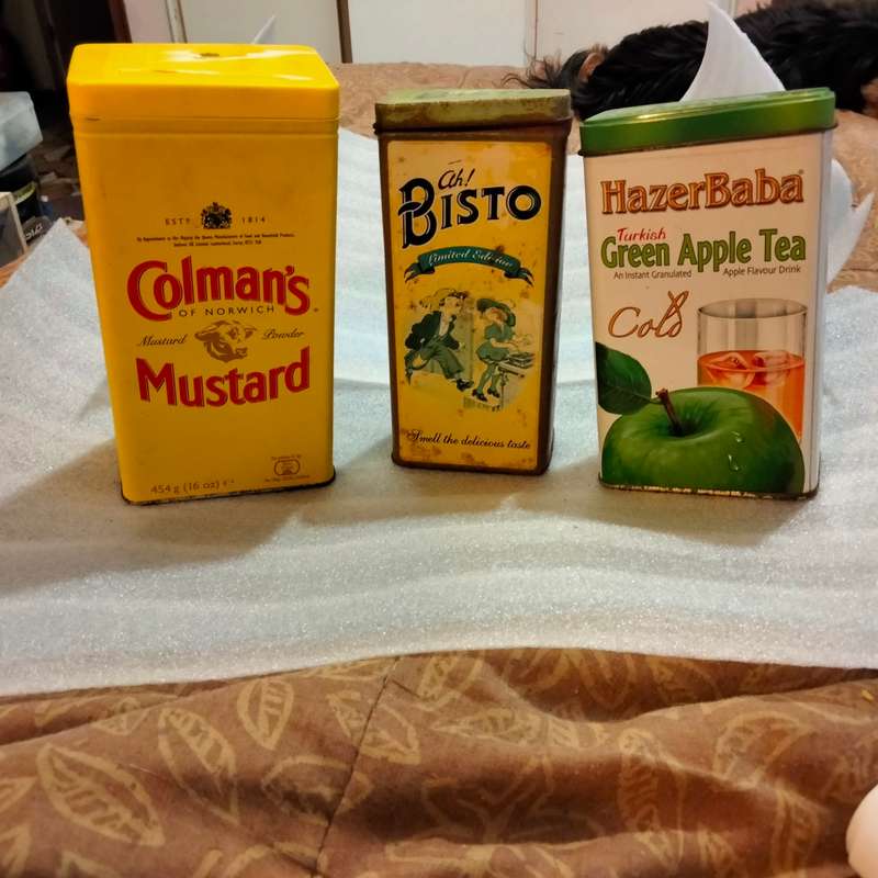 3 TINS -Colemans mustard tin -HazerBaba Turkish green apple Tea - Bisto all one bid