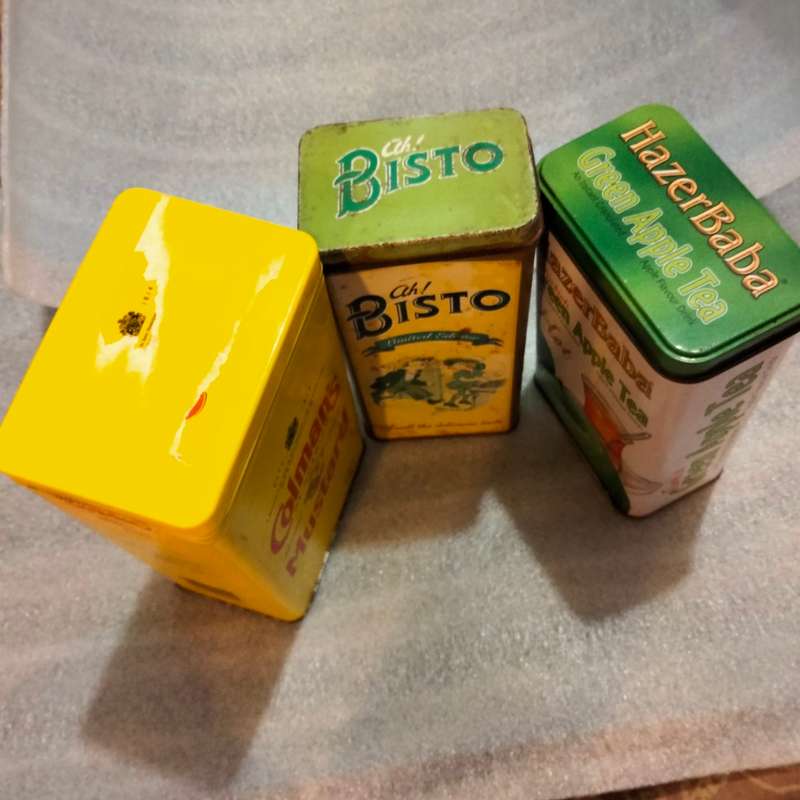 3 TINS -Colemans mustard tin -HazerBaba Turkish green apple Tea - Bisto all one bid