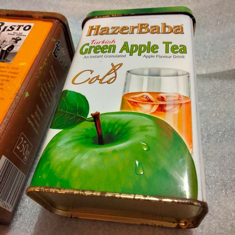 3 TINS -Colemans mustard tin -HazerBaba Turkish green apple Tea - Bisto all one bid