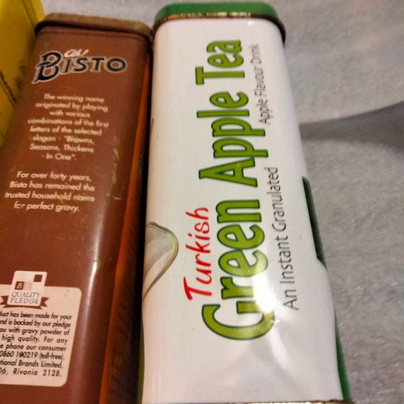 3 TINS -Colemans mustard tin -HazerBaba Turkish green apple Tea - Bisto all one bid