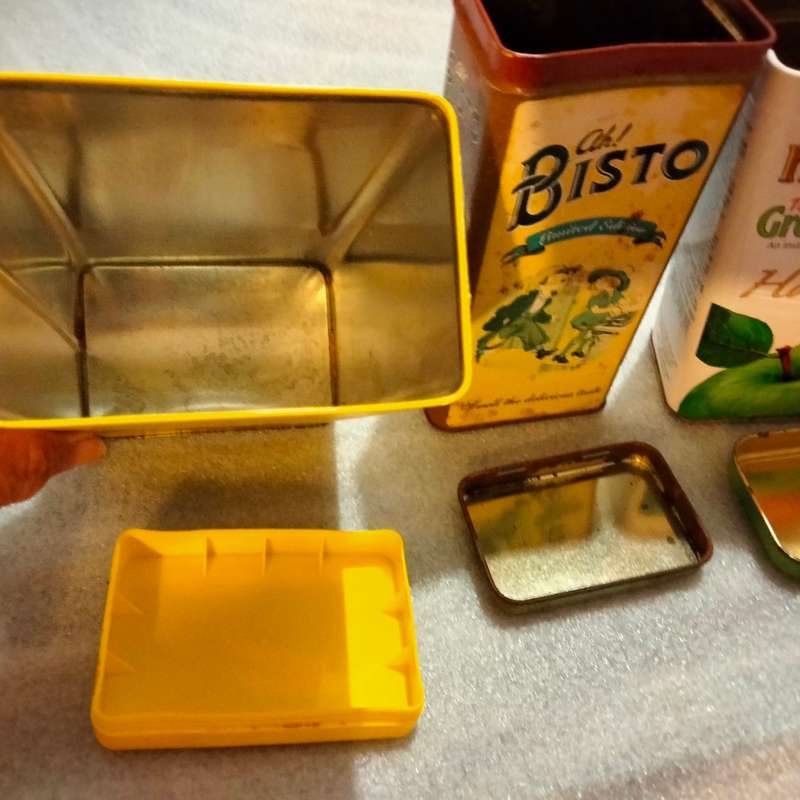 3 TINS -Colemans mustard tin -HazerBaba Turkish green apple Tea - Bisto all one bid