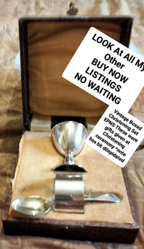 VTG Boxed set CHRISTENING gift Egg Cup Serviette Ring Tea Spoon EPNS LOOK At My BUY NOW NO WAITING