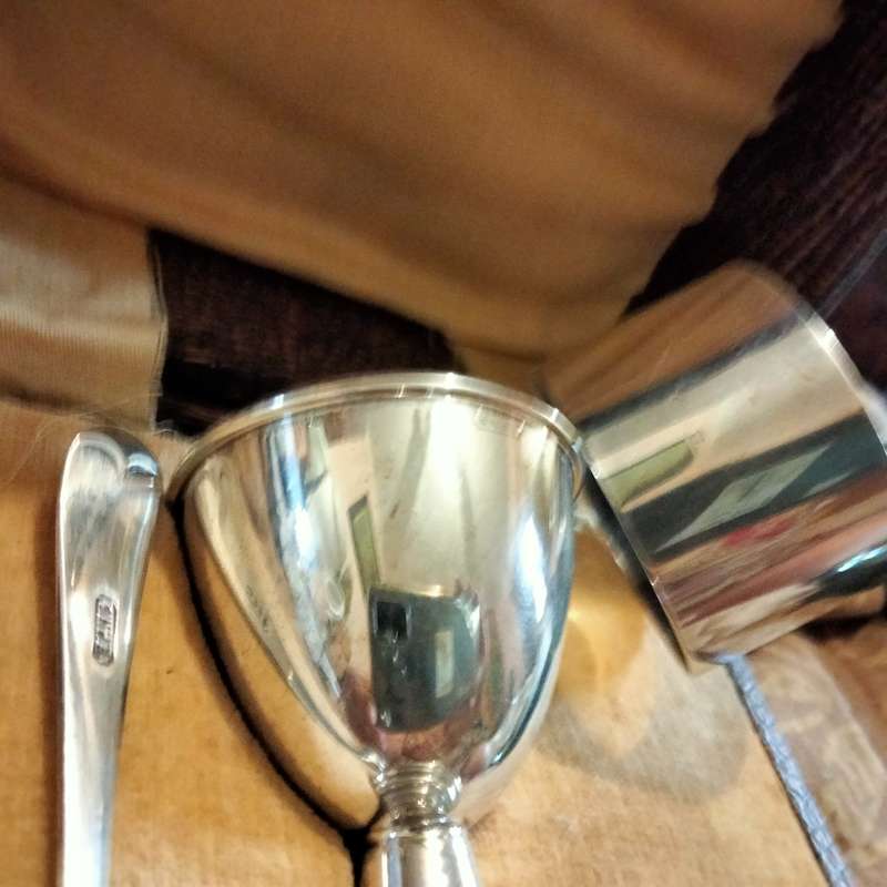 VTG Boxed set CHRISTENING gift Egg Cup Serviette Ring Tea Spoon EPNS LOOK At My BUY NOW NO WAITING