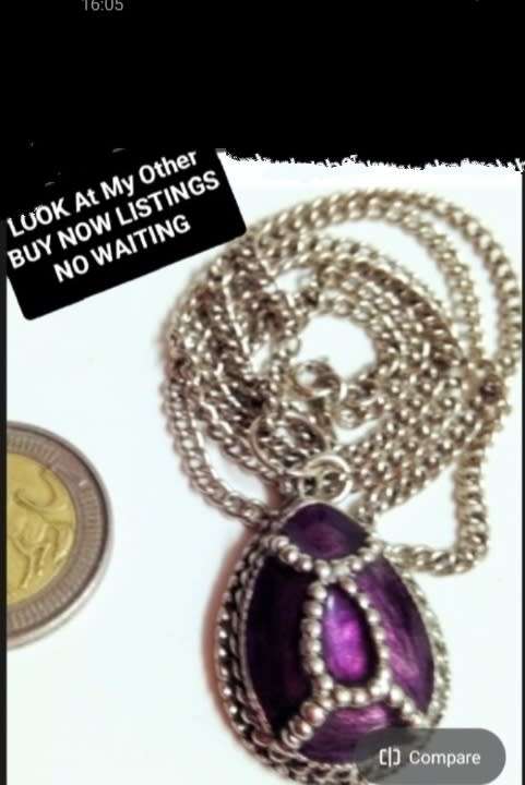 Necklace - Pendant Egyptian SCARAB Cloisonne PURPLE ENAMEL TRIM +  metal CHAIN silver tone