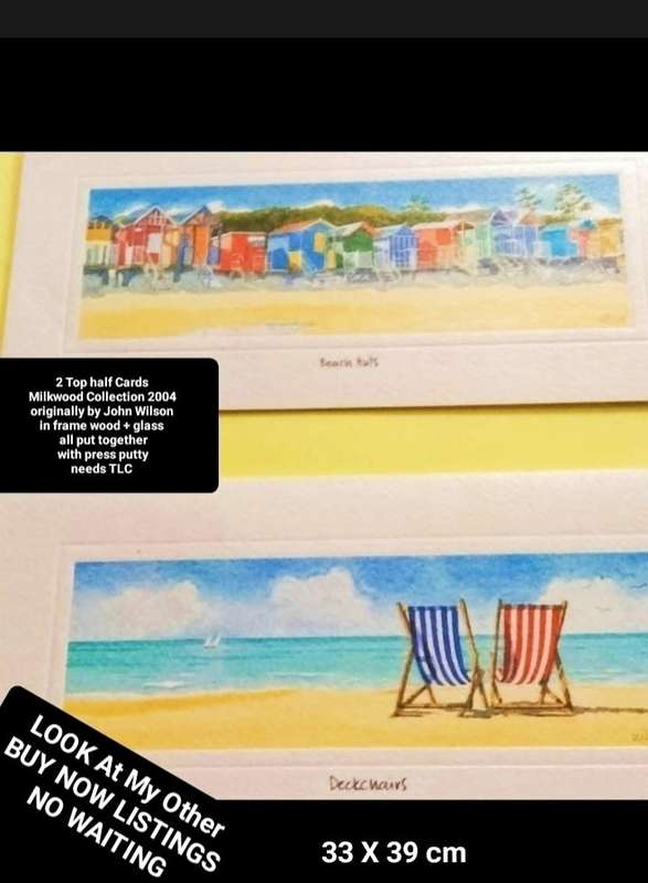 Art*Beach+Deck Chairs*2 cards*OldFrame glass+Cord Need TLC from Milkwood Collection 2004 John Wilson