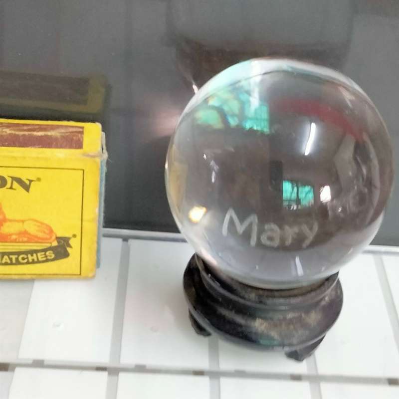 ORB glass flat bottom on oriental plinth Art GLASS one side Mary