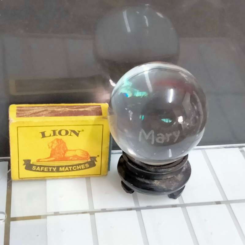 ORB glass flat bottom on oriental plinth Art GLASS one side Mary