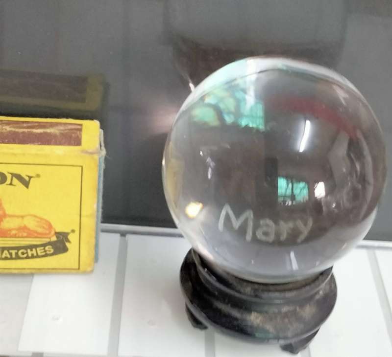 ORB glass flat bottom on oriental plinth Art GLASS one side Mary