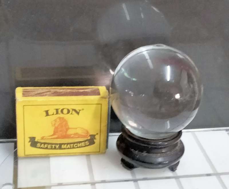 ORB glass flat bottom on oriental plinth Art GLASS one side Mary