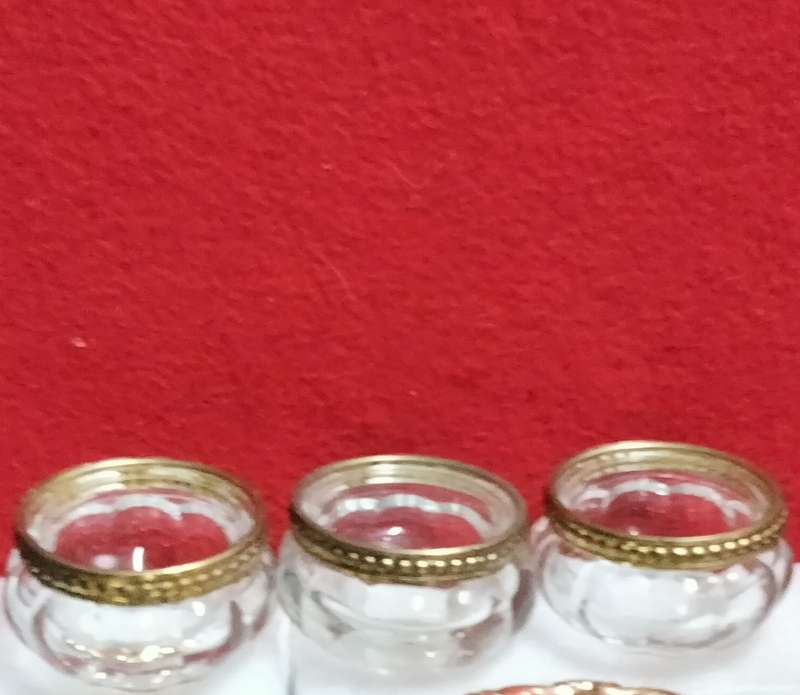 3 candle holders Glass Ribbed Gold trim Embossed bead design LOOK At My BUY NOW Items NO WAITING