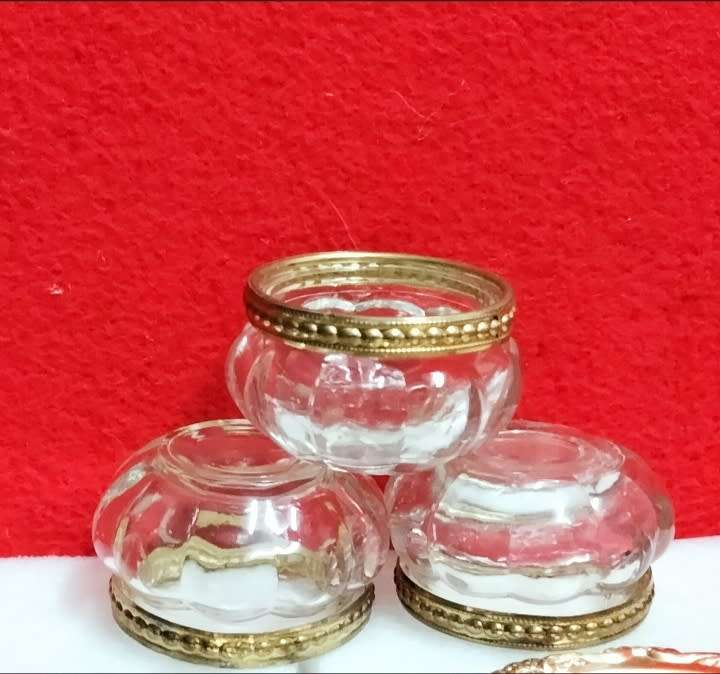 3 candle holders Glass Ribbed Gold trim Embossed bead design LOOK At My BUY NOW Items NO WAITING