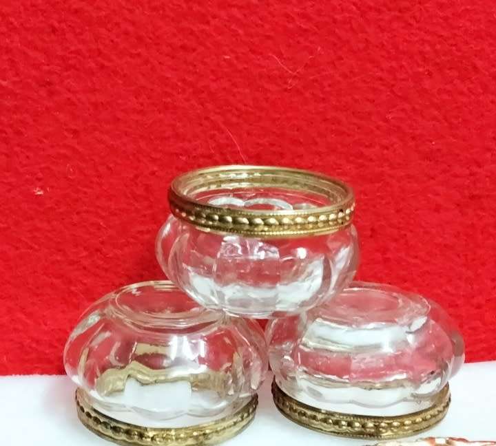 3 candle holders Glass Ribbed Gold trim Embossed bead design LOOK At My BUY NOW Items NO WAITING